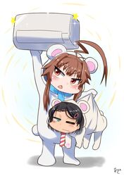  2girls ahoge air_conditioner akashieru animal_costume bear_costume black_hair brown_eyes brown_hair full_body green_eyes highres huge_ahoge kantai_collection kuma_(kancolle) lifting_object lifting_person long_hair multiple_girls one-hour_drawing_challenge pun scirocco_(kancolle) short_hair sidelocks 