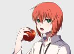  1girl absurdres apple bob_cut collared_shirt delfuze food fruit green_eyes grey_background hatori_chise highres holding holding_food holding_fruit inverted_bob looking_at_viewer mahou_tsukai_no_yome open_mouth redhead shirt simple_background solo upper_body white_shirt wing_collar 