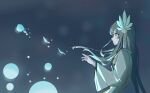  1girl absurdres arknights blue_butterfly blurry blurry_background bug butterfly closed_mouth coat highres laurel_crown long_hair muelsyse_(arknights) smile solo tenshi white_coat 