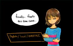  1other black_background blue_eyes brown_hair closed_eyes crossed_arms english_text facing_to_the_side frisk_(undertale) looking_down looking_to_the_side shirt soseji_(tjduswjd) speech_bubble striped_clothes striped_shirt undertale window_(computing) 