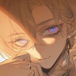  aventurine_(honkai:_star_rail) blonde_hair close-up closed_mouth earrings hair_between_eyes honkai:_star_rail honkai_(series) jewelry looking_at_viewer male_focus mata_c multicolored_eyes ring short_hair two-tone_eyes 