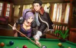  1boy 1girl absurdres billiards black_eyes black_hair capelet commission commissioner_upload emknov fire_emblem fire_emblem:_genealogy_of_the_holy_war fire_emblem:_thracia_776 gloves hand_on_another&#039;s_arm hand_on_another&#039;s_shoulder highres ishtar_(fire_emblem) jewelry necklace plant ponytail pool_table purple_hair reinhardt_(fire_emblem) table violet_eyes 