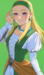  1girl blonde_hair dragon_quest dragon_quest_xi dress earrings green_background green_hairband hairband highres jewelry jimaku_726 long_hair looking_at_viewer necklace senya_(dq11) simple_background smile solo upper_body violet_eyes 