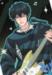  1boy black_background black_hair blue_eyes blue_sweater dan_heng_(honkai:_star_rail) earrings electric_guitar gankedbyshipdom grin guitar hand_up hashtag-only_commentary highres honkai:_star_rail honkai_(series) instrument jewelry long_sleeves looking_at_viewer male_focus microphone multiple_rings ring short_hair smile solo striped_clothes striped_sweater sweater torn_clothes torn_sweater upper_body 