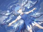  1girl absurdres beckody blue_bow blue_dress blue_hair bow cirno commentary_request detached_wings dress hair_bow highres ice ice_wings lying neck_ribbon on_back open_mouth puffy_short_sleeves puffy_sleeves red_ribbon reflection reflective_water ribbon ripples short_sleeves snowflakes solo touhou water wings 