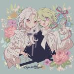  2boys bad_id bad_pixiv_id blue_background blue_flower closed_mouth collared_shirt conjoined cropped_torso ensemble_stars! floral_background flower frilled_shirt frills green_hair grey_hair hair_between_eyes hand_up long_hair long_sleeves looking_at_viewer male_focus meremero multiple_boys one_eye_closed open_mouth orange_flower pink_flower pink_ribbon pink_rose purple_flower ran_nagisa red_eyes ribbon rose shirt short_hair smile tomoe_hiyori upper_body violet_eyes white_shirt wide_sleeves yellow_flower 