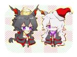  2boys arknights black_cloak black_hair chibi chinese_commentary cloak commentary_request ebenholz_(arknights) hair_over_one_eye hat jiekuijiangshadaonijiamenkou kreide_(arknights) long_hair male_focus multiple_boys no_mouth no_nose purple_scarf red_hat red_trim santa_hat scarf shirt striped_clothes striped_scarf vertical-striped_clothes vertical-striped_scarf violet_eyes white_hair white_shirt yellow_hat yellow_scarf 