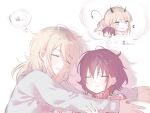  2girls blonde_hair closed_eyes commentary_request cuddling demon_tail dreaming drooling girls_band_cry horns iseri_nina kawaragi_momoka long_hair multicolored_hair multiple_girls pink_sweater redhead roots_(hair) short_twintails sleeping sweatdrop sweater tail thought_bubble translation_request twintails white_sweater yoru071129 yuri 