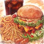 burger cheese cola cup cyasha drink drinking_glass food food_focus french_fries fried_egg ketchup lettuce meat no_humans onion onion_rings original sausage signature soda tomato 