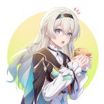  1girl aqua_pupils black_hairband brown_jacket burger cat_burger commentary cropped_jacket firefly_(honkai:_star_rail) food gold_trim gradient_background gradient_eyes gradient_hair green_background green_hair green_jacket grey_hair hairband highres holding holding_burger holding_food honkai:_star_rail honkai_(series) jacket jiman long_hair long_sleeves looking_at_viewer multicolored_eyes multicolored_hair neckerchief notice_lines open_mouth orange_background orange_neckerchief pink_eyes raised_eyebrows shirt sideways_glance solo teeth two-sided_fabric two-sided_jacket upper_body upper_teeth_only violet_eyes white_shirt white_sleeves 