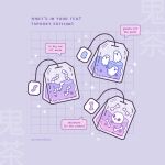  bone commentary english_commentary english_text food_focus ghost grid_background instagram_username jeanette_zhu no_humans original purple_background simple_background skull sparkle speech_bubble teabag worm 