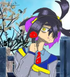  1boy black_hair blue_shirt candy candy_apple fanny_pack food hairband highres holding holding_candy holding_food jacket kieran_(pokemon) necktie purple_hair shirt white_jacket yellow_eyes yellow_hairband 