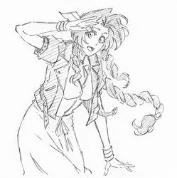  1girl aerith_gainsborough bangle bracelet braid braided_ponytail breasts choker cowboy_shot cropped_jacket dress final_fantasy final_fantasy_vii final_fantasy_vii_rebirth final_fantasy_vii_remake hair_ribbon jewelry lineart long_dress long_hair looking_at_viewer medium_breasts open_mouth parted_bangs rakusakugk ribbon short_sleeves sidelocks single_braid sketch smile solo 