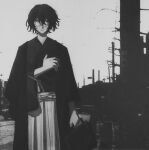  1other alternate_costume androgynous bowler_hat briefcase chinese_commentary city closed_mouth commentary_request cowboy_shot enraku_tsubakura expressionless glasses greyscale hair_between_eyes hakama haori hat holding holding_briefcase holding_clothes holding_hat jacket japanese_clothes kimono len&#039;en light_frown long_sleeves monochrome mxx33 open_clothes open_jacket other_focus outdoors round_eyewear short_hair short_kimono solo straight-on wide_sleeves 
