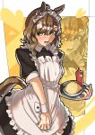  1girl absurdres ahoge alternate_costume animal_ears black_dress blush breasts brown_hair commentary_request cowboy_shot dress enmaided food frilled_dress frills hair_between_eyes hair_ornament heart highres holding holding_tray horse_ears horse_girl horse_tail jungle_pocket_(umamusume) ketchup_bottle maid marbow_tomato medium_breasts medium_hair omelet omurice puffy_short_sleeves puffy_sleeves short_sleeves smile solo sweat tail tray umamusume wrist_cuffs x_hair_ornament yellow_eyes zoom_layer 