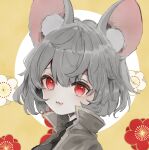  1girl animal_ears capelet flower grey_capelet grey_hair monji_(monzi328) mouse_(animal) mouse_ears mouse_girl nazrin red_eyes solo touhou upper_body 