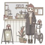  1girl bicycle bird black_footwear boots braid brown_hair coat cup east_sha2 highres holding holding_cup long_hair long_sleeves looking_at_viewer original plant potted_plant solo twin_braids 