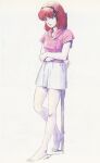  1980s_(style) 1girl barefoot crossed_arms gaw_ha_leecee grin headgear highres juusenki_l-gaim kitazume_hiroyuki leaning_back looking_at_viewer official_art production_art promotional_art redhead retro_artstyle scan science_fiction shorts signature smile traditional_media 