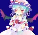  1girl ascot bat_wings blue_hair dress hat hat_ribbon hiyuu_(hiyualice) mob_cap pink_dress pink_hat red_ascot red_eyes remilia_scarlet ribbon short_hair solo teeth touhou upper_teeth_only white_background wings 
