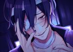  1boy bandaged_head bandaged_neck bandages blush eyepatch hand_on_own_face highres looking_at_viewer male_focus medical_eyepatch nokuhashi one_eye_covered open_mouth purple_hair purple_nails short_hair smile solo taito_(vocaloid) violet_eyes vocaloid 