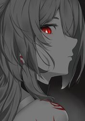  1girl absurdres acheron_(honkai:_star_rail) black_choker body_markings bright_pupils choker earrings grey_background greyscale highres honkai:_star_rail honkai_(series) jewelry long_hair looking_at_viewer markings monochrome parted_lips portrait red_eyes solo spot_color white_pupils yems 