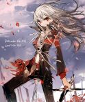  1girl artist_name bad_id bad_pixiv_id english_text floating_hair flower holding holding_sword holding_weapon light_smile long_hair looking_at_viewer neck original qtonagi red_eyes rose skinny sky smile solo standing sword weapon white_hair 