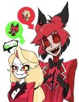  ... 1boy 1girl alastor_(hazbin_hotel) biting_own_lip black_hair blonde_hair body_switch charlie_morningstar chibi colored_sclera commentary_request evil_smile fang formal hazbin_hotel highres index_fingers_together long_hair multicolored_hair nervous pale_skin personality_switch red_eyes red_sclera redhead short_hair simple_background smile spoken_ellipsis suit upper_body white_background yellow_sclera zumin 