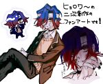  1boy ass_prg bags_under_eyes bandage_on_face bandaged_head bandages bandaid bandaid_on_face black_nails blood blood_on_face blue_hair caster_(fate/samurai_remnant) chibi chibi_inset choker collared_shirt eyeshadow fate/samurai_remnant fate_(series) hair_over_one_eye highres jacket looking_at_viewer makeup male_focus mask multicolored_hair pants redhead school_uniform shirt short_hair simple_background solo vest wet white_background yellow_eyes 
