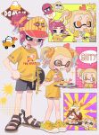  +_+ 2girls ^^^ absurdres black_shorts blonde_hair commentary cross-laced_footwear egg_(food) egg_yolk english_text eyebrow_cut food grey_background grey_eyes high_ponytail highres holding holding_plate inkling inkling_girl inkling_player_character multiple_girls namazuoku octoling octoling_girl octoling_player_character orange_eyes plate print_shirt redhead sandals shirt shoes short_eyebrows short_ponytail short_twintails shorts shrimp shrimp_tempura speech_bubble splatoon_(series) splatoon_3 sports_sandals sweat symbol-only_commentary tempura tes thick_eyebrows twintails yellow_footwear yellow_shirt 