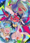  2girls arm_up black_eyes blue_dress blue_hair closed_mouth confetti dress drill_hair gloves hatsune_miku index_finger_raised kasane_teto long_hair mesmerizer_(vocaloid) multiple_girls multiple_views open_mouth pink_eyes pink_hair puffy_short_sleeves puffy_sleeves senzzang sharp_teeth short_sleeves sidelocks smile sparkling_eyes teeth tongue tongue_out twin_drills twintails utau very_long_hair vocaloid yellow_gloves 