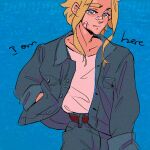  1boy bandage_on_face bandages bandaid bandaid_on_face bandaid_on_nose belt blonde_hair blue_background blue_eyes boku_no_hero_academia brown_belt closed_mouth collarbone english_commentary english_text freesilverwind grey_jacket grey_pants hand_in_pocket highres jacket long_sleeves looking_at_viewer male_focus pants shirt short_hair solo white_shirt yagi_toshinori 