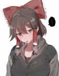  ... 1girl black_hoodie bow breasts brown_eyes brown_hair cigarette commentary_request cookie_(touhou) frilled_bow frilled_hair_tubes frills hair_between_eyes hair_bow hair_tubes hakurei_reimu head_tilt hood hood_down hoodie kebabu_01 large_breasts long_bangs looking_at_viewer maru_(cookie) red_bow short_hair simple_background smoking solo spoken_ellipsis touhou upper_body white_background 