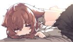  1boy 1girl aoi_tori blush brown_eyes brown_hair hair_flaps hand_on_another&#039;s_chest highres long_hair looking_at_viewer lying on_side original pov raika-chan_(aoi_tori) simple_background white_background 