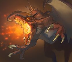  animal_focus breath_weapon breathing_fire claws dragon fire glowing glowing_eye horns looking_at_viewer monster nablange no_humans open_mouth original red_background scales sharp_teeth solo teeth tongue western_dragon wings 