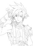  1boy armor asymmetrical_hair belt buster_sword closed_mouth cloud_strife earrings final_fantasy final_fantasy_vii gloves greyscale hair_between_eyes highres holding holding_sword holding_weapon ikuhashi_muiko jewelry lineart male_focus monochrome short_hair shoulder_armor single_bare_shoulder single_earring single_shoulder_pad sketch sleeveless sleeveless_turtleneck solo spiky_hair suspenders sword turtleneck upper_body weapon weapon_on_back white_background 