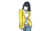  1girl alternate_costume belt black_eyes black_hair blue_pants denim denim_panties hand_on_own_hip highres jacket kill_la_kill kiryuuin_satsuki lipstick long_hair looking_at_viewer makeup pants red_lips shirt simple_background sketch solo standing sushio white_background white_shirt yellow_jacket 