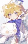  1boy adjusting_clothes adjusting_headwear arm_up black_gloves blonde_hair blue_eyes bow bowtie daifugo_happy ensemble_stars! frilled_sleeves frills fur-trimmed_headwear fur_trim gloves harukawa_sora hat highres hugging_object large_bow light_smile long_sleeves male_focus mini_hat parted_lips pom_pom_(clothes) short_eyebrows short_hair sketch solo stuffed_animal stuffed_toy teddy_bear 