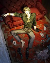  1boy aqua_shirt aventurine_(honkai:_star_rail) black_footwear black_gloves blonde_hair bracelet card collared_shirt couch earrings gloves highres honkai:_star_rail honkai_(series) jewelry male_focus n9nqet on_floor on_ground playing_card shirt short_hair solo 