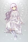  1girl arm_at_side blush boots closed_mouth dress earrings full_body glass_slipper head_tilt high_heels highres jewelry long_hair long_sleeves looking_at_viewer mamyouda original puffy_long_sleeves puffy_sleeves purple_hair signature solo sparkle star_(symbol) veil violet_eyes white_dress 