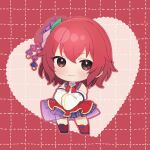  1girl bare_shoulders blush brown_eyes chibi crossed_arms dress full_body hair_ornament heart highres idol_clothes idolmaster idolmaster_cinderella_girls kanzashi looking_at_viewer murakami_tomoe redhead short_hair smile solo umehara_ume 