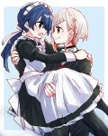  2girls alternate_costume apron arms_around_neck black_choker black_coat black_dress blue_eyes blue_hair blush bob_cut butler carrying choker closed_mouth coat collared_shirt colored_inner_hair commentary_request dark_blue_hair diagonal_bangs dress enmaided eye_contact female_butler grey_hair hair_ornament hair_ribbon highres inverted_bob kanduki_kamibukuro link!_like!_love_live! long_dress long_hair looking_at_another love_live! low_ponytail maid maid_apron maid_day maid_headdress multicolored_hair multiple_girls murano_sayaka open_clothes open_coat open_mouth princess_carry profile red_eyes red_vest redhead ribbon shirt short_hair smile star_(symbol) star_hair_ornament streaked_hair tailcoat vest virtual_youtuber white_apron white_headdress white_ribbon white_shirt yugiri_tsuzuri yuri 