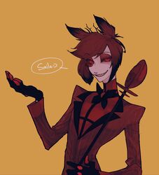  1boy alastor_(hazbin_hotel) animal_ears antlers bow bowtie chinese_commentary coat colored_sclera commentary_request deer_antlers deer_boy deer_ears english_text gloves grin hazbin_hotel highres holding holding_microphone_stand horns iamthekingofegg looking_at_viewer male_focus microphone_stand monocle red_coat red_eyes red_sclera redhead sharp_teeth short_hair simple_background smile solo speech_bubble teeth upper_body yellow_background yellow_teeth 