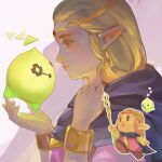  1girl chibi fairy gold_circlet highres holding_chair jinaxxo mage_staff pointy_ears princess_zelda purple_tunic smile solo the_legend_of_zelda the_legend_of_zelda:_echoes_of_wisdom tri_(zelda) tri_rod tunic 