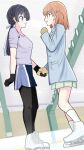  2girls :d :o absurdres black_gloves black_pantyhose blue_coat blue_shorts breasts brown_mittens coat commentary eye_contact full_body gloves green_skirt grey_shirt highres hinoshita_kaho holding_hands ice_skates indoors lily_(lily-put) link!_like!_love_live! looking_at_another love_live! medium_breasts mittens multiple_girls murano_sayaka official_alternate_costume pantyhose pantyhose_under_shorts shirt shorts sideways_mouth skates skirt smile socks standing virtual_youtuber white_socks 