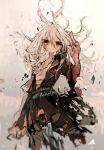  1girl bad_id bad_pixiv_id black_dress closed_mouth dress english_text floating_hair hand_up jewelry long_hair looking_at_viewer necklace open_hand original qtonagi red_eyes solo solo_focus white_hair 