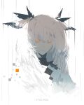  1girl arknights concerto71899 expressionless eyelashes eyes_visible_through_hair hair_between_eyes highres long_hair looking_at_viewer monochrome orange_eyes portrait ptilopsis_(arknights) simple_background solo spot_color white_background white_hair 
