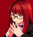  1girl black-framed_eyewear blush glasses hair_down highres kyougetsu_(junrai) long_hair long_sleeves looking_at_viewer official_alternate_hairstyle own_hands_together persona persona_5 persona_5_the_royal red_eyes redhead school_uniform shuujin_academy_school_uniform simple_background smile solo upper_body yoshizawa_sumire 
