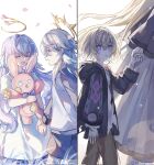  2boys 2girls aventurine_(honkai:_star_rail) bandaged_arm bandages blonde_hair closed_eyes dress falling_petals fuyu_(xiaodongd2333) grey_hair hair_between_eyes halo head_wings highres honkai:_star_rail honkai_(series) hood hoodie long_hair long_sleeves multicolored_eyes multiple_boys multiple_girls open_mouth out_of_frame petals robin_(honkai:_star_rail) shirt short_hair shorts smile stuffed_animal stuffed_toy sunday_(honkai:_star_rail) torn_clothes torn_shirt white_background wings 