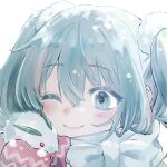  1girl ;) blue_eyes blue_hair closed_mouth crossed_bangs hair_between_eyes hatsune_miku light_blue_hair long_hair mittens one_eye_closed plum0o0 portrait red_mittens scarf simple_background smile snow_rabbit solo twintails vocaloid white_background white_scarf 