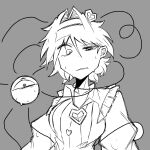  1girl 3rdeye_suki commentary_request grey_background greyscale hair_between_eyes hair_intakes hairband heart highres komeiji_satori looking_at_viewer monochrome simple_background solo sweat third_eye touhou upper_body 